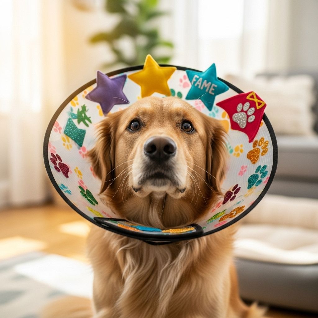 Transform a standard recovery collar into a joyful showcase of your dog’s unique charm.