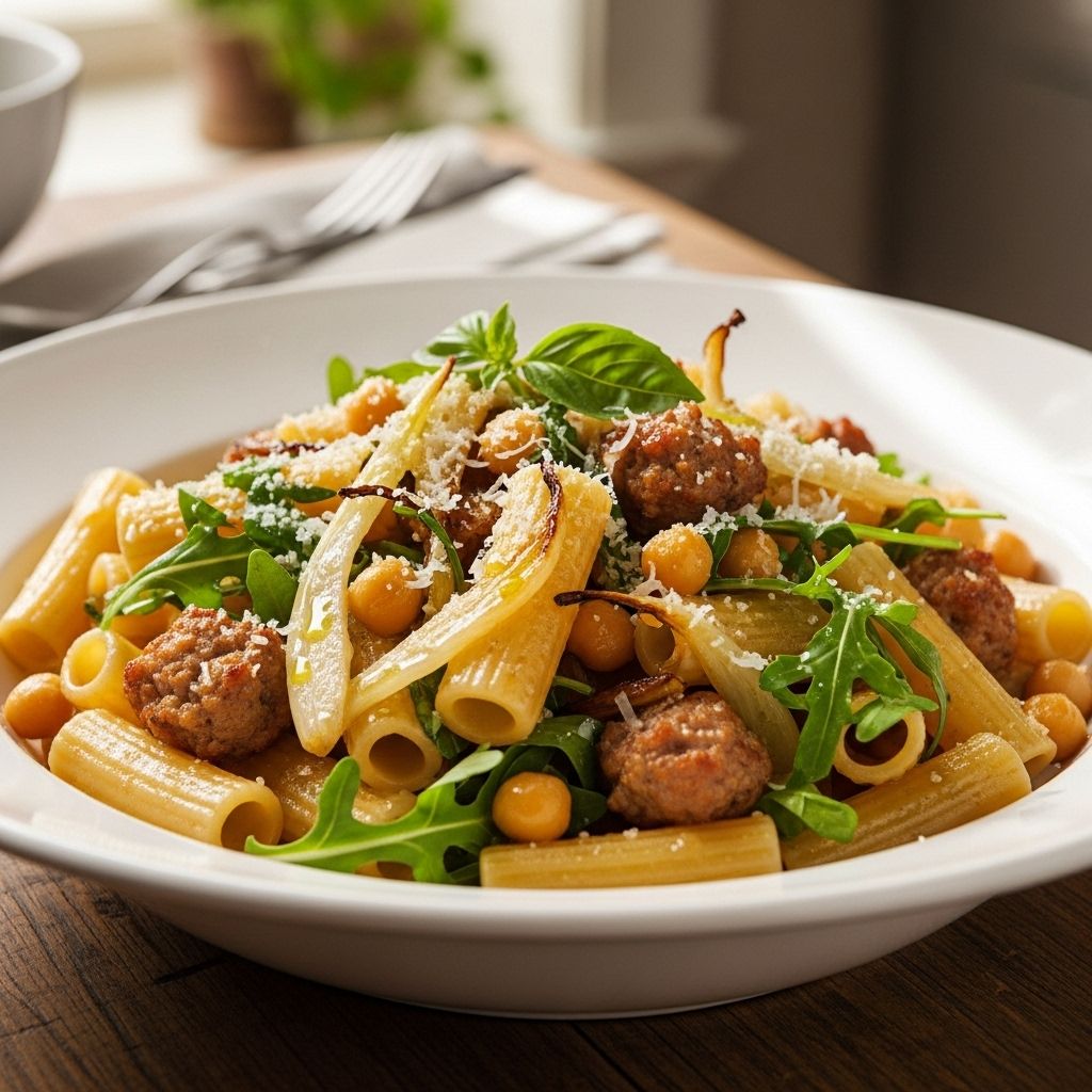 A vibrant, protein-packed rigatoni loaded with turkey sausage, sweet fennel, peppery arugula, and hearty chickpeas—your new favorite weeknight pasta.