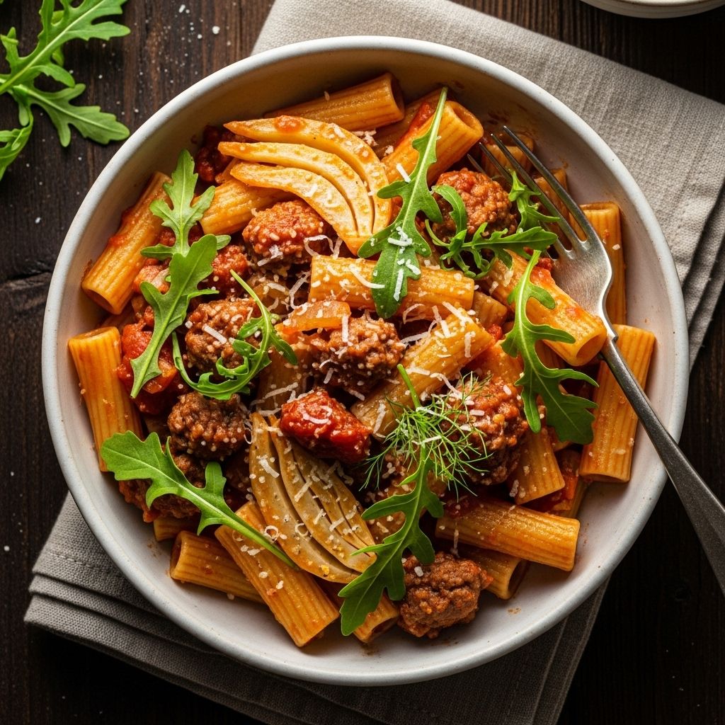 A robust and nutritious pasta dinner that pairs lean turkey sausage, roasted fennel, arugula, and chickpeas with hearty rigatoni for a balanced, weeknight-friendly meal.