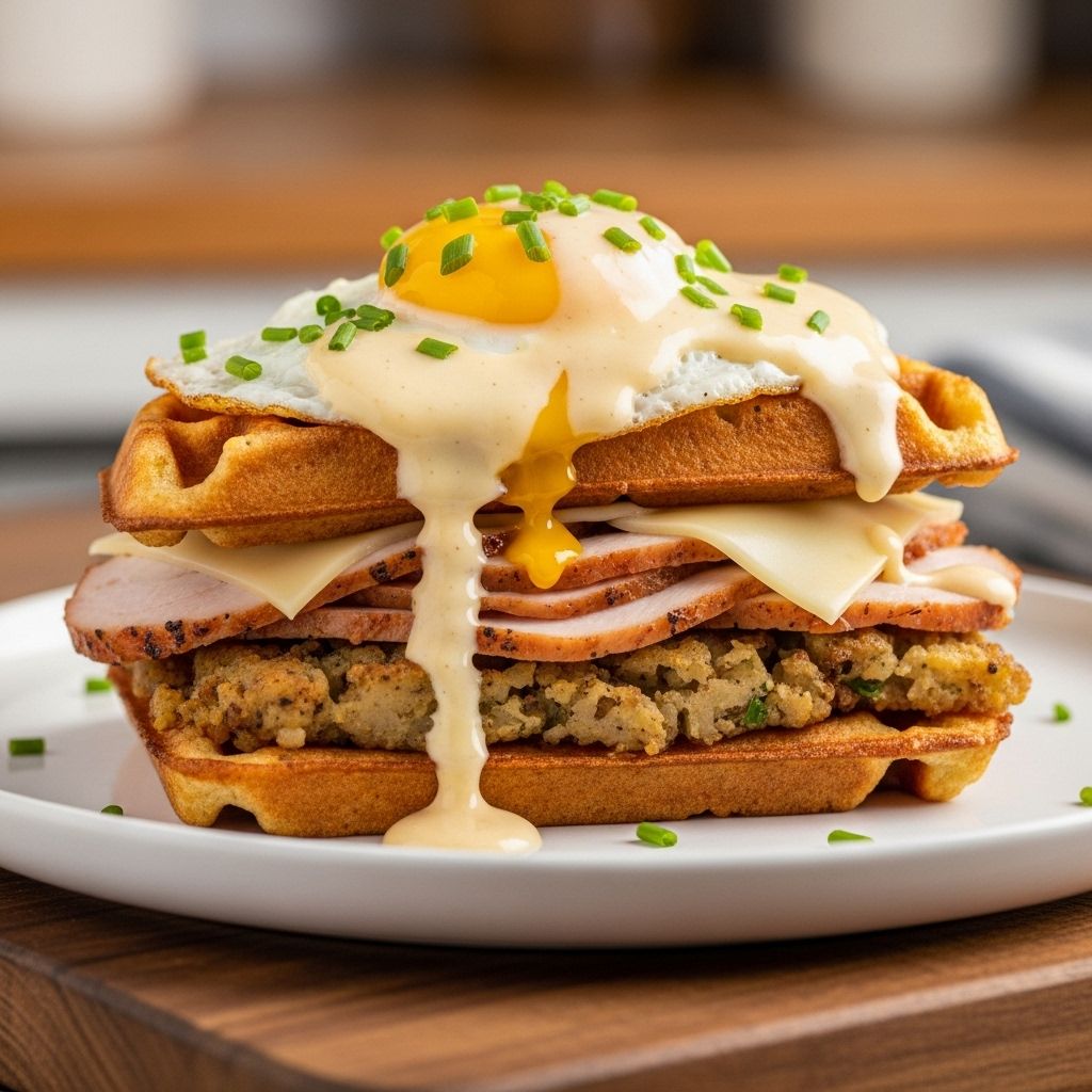 A bold spin on holiday scraps with crispy golden mash patties and creamy cheese sauce.