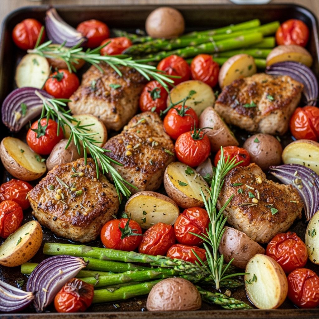 Juicy pork and sweet potatoes roast in fragrant herbs for a simple, flavor-packed dinner.
