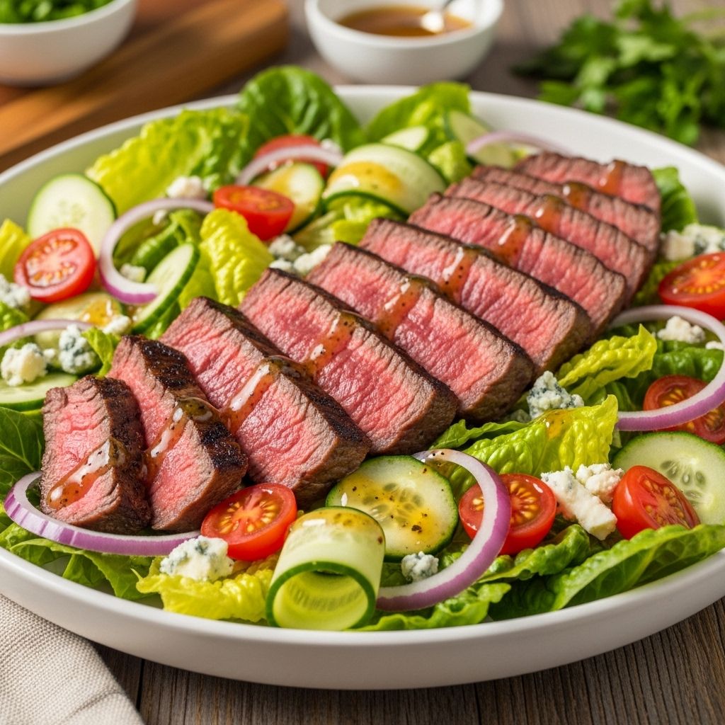 A harmonious blend of tangy dressing, tender beef, fresh greens, and crispy onion crunch.
