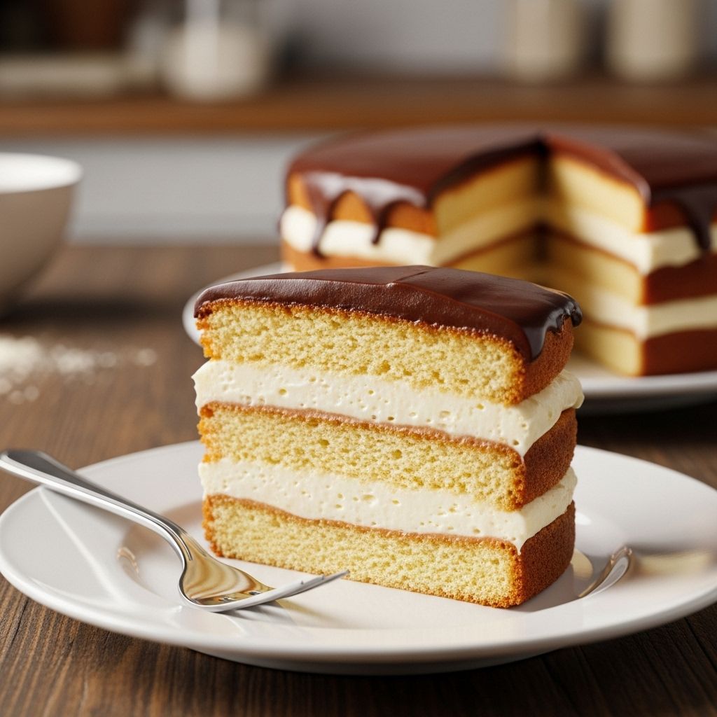 Silky custard meets tender sponge and glossy chocolate for indulgence in every bite.