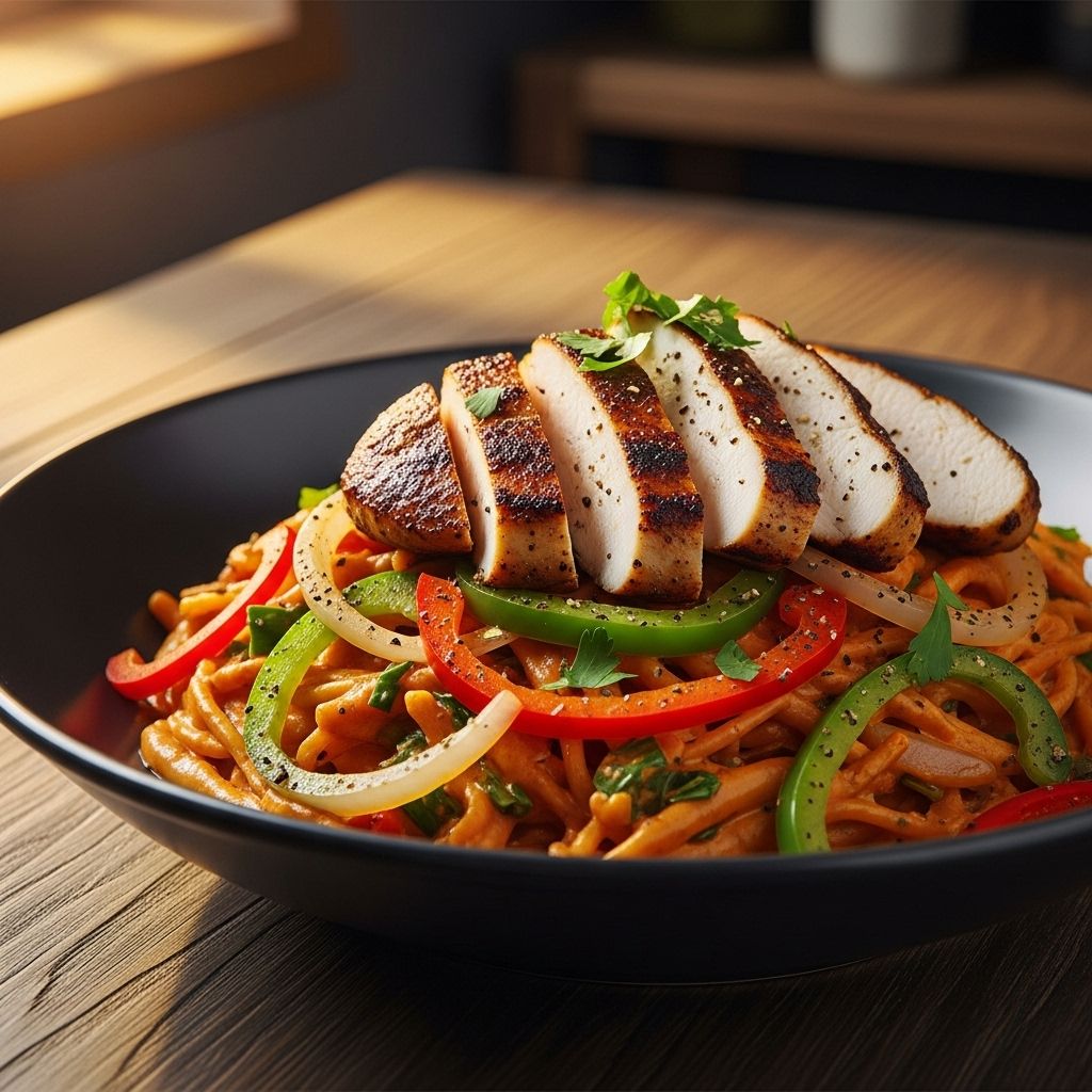 Spice-kissed morsels and vibrant vegetables coat every forkful in a luscious cream sauce.