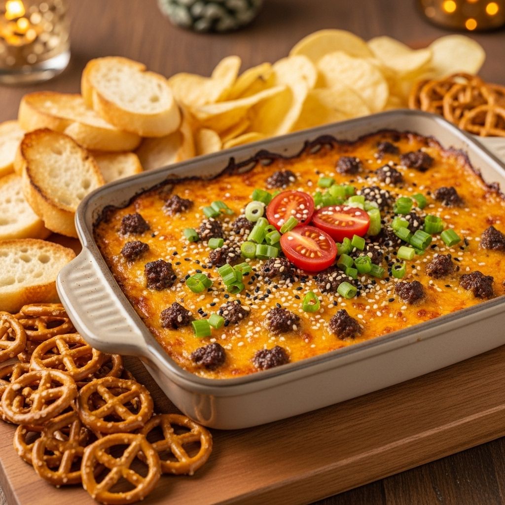Cheeseburger Dip Recipe: The Ultimate Game Day Snack from The Pioneer Woman Unite creamy layers and classic toppings into one irresistible, shareable snack.