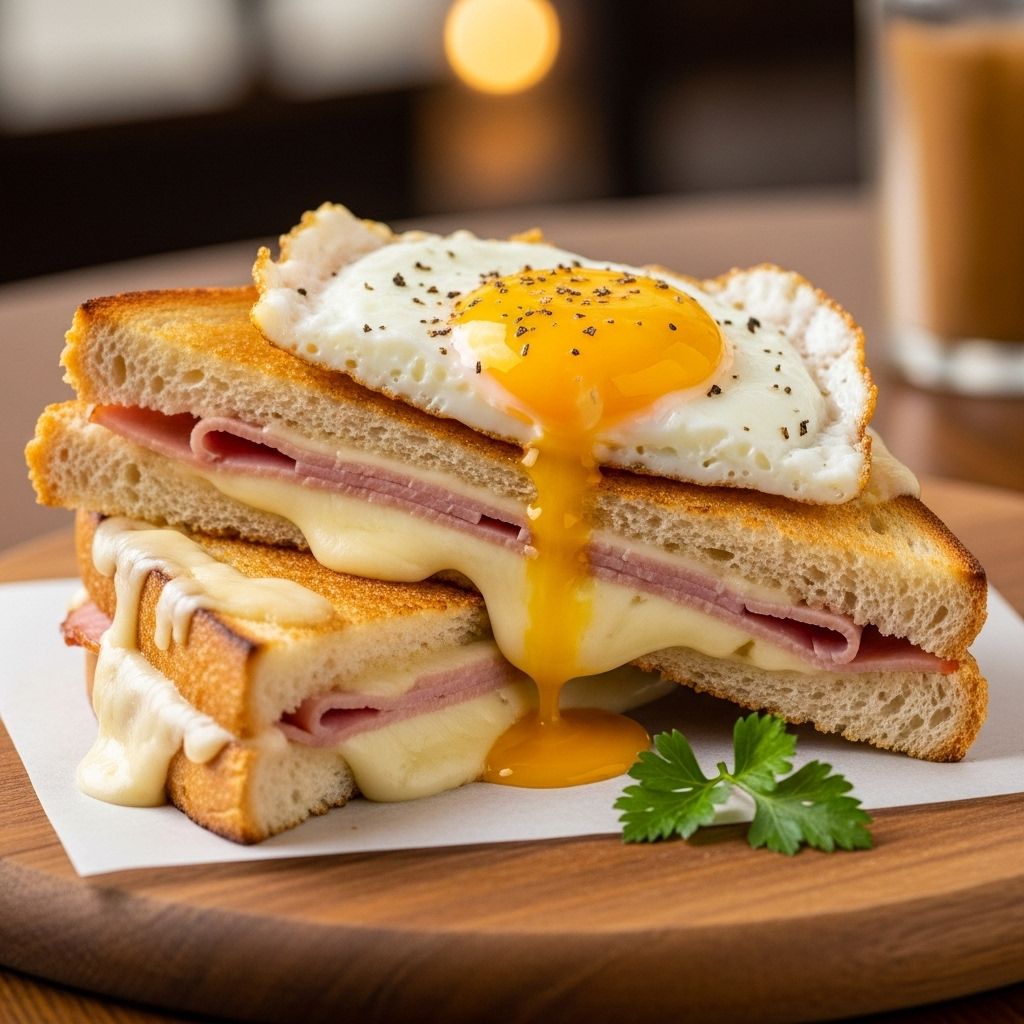 Ham, cheese, and béchamel topped with a runny egg deliver ultimate brunch comfort.