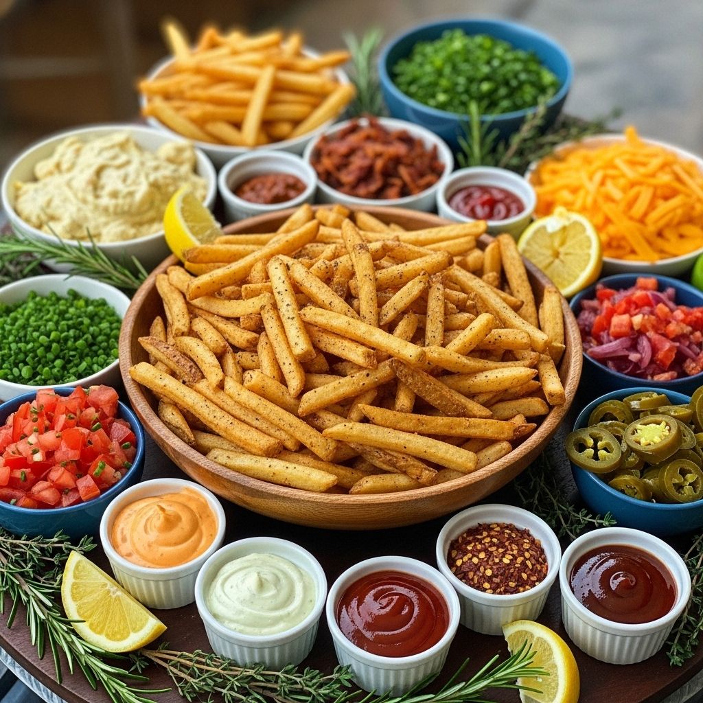 Build the Ultimate French Fry Bar: Creative Toppings & Recipes Guests enjoy customizable plates piled with crispy potatoes and a variety of sauces.