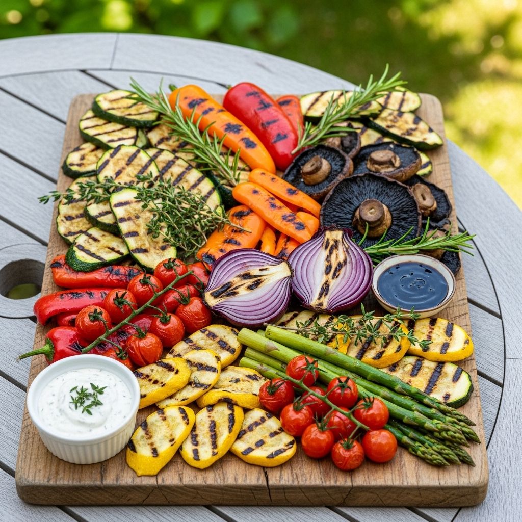 Charred veggies in bold hues meet an irresistible selection of dips for all tastes.
