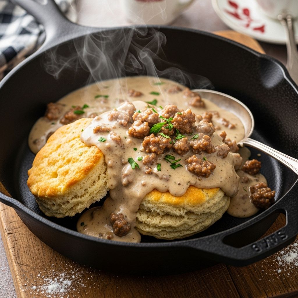 Flaky biscuits meet a velvety sausage-infused roux for a hearty brunch upgrade.