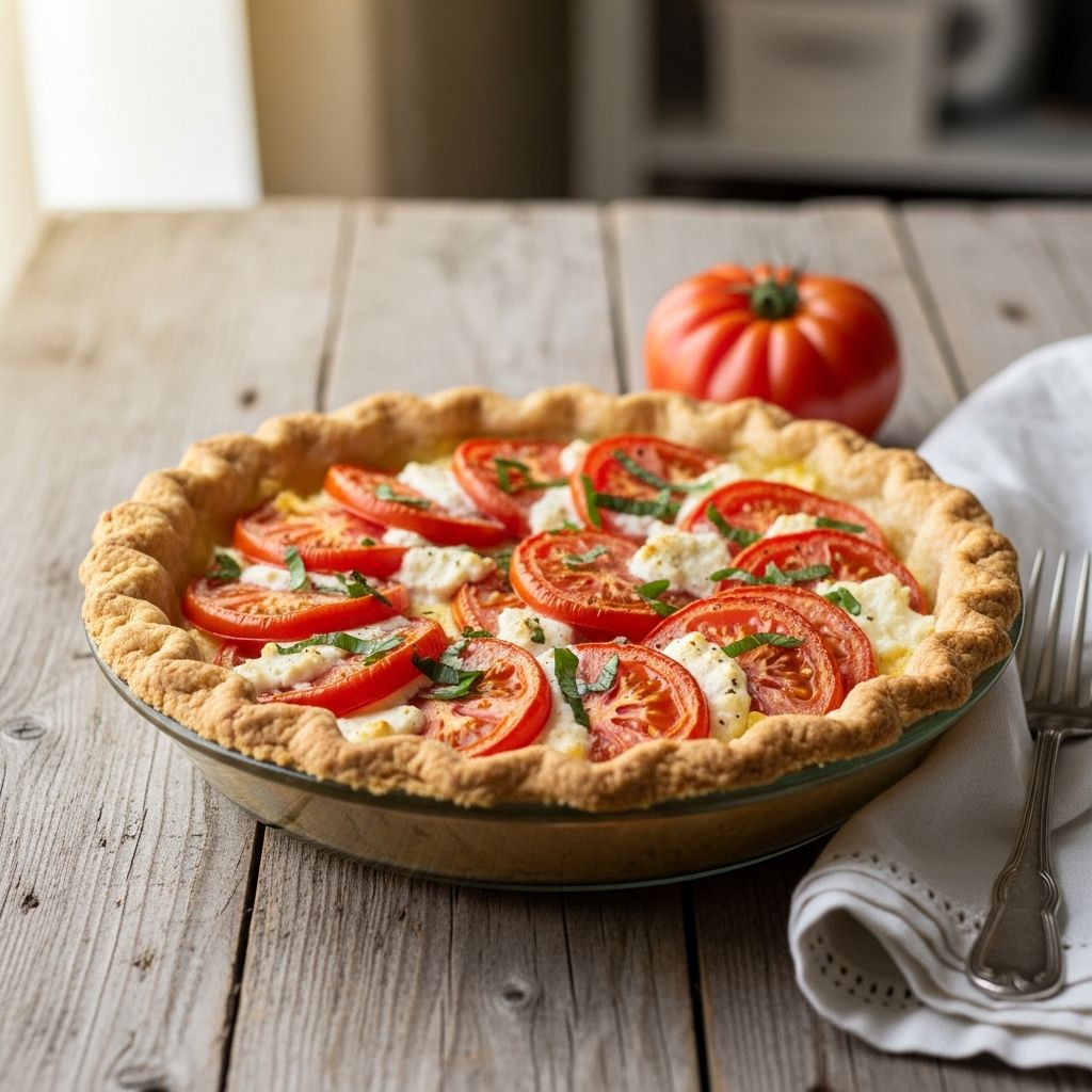 A flaky crust gives way to creamy cheese layers studded with summer-harvested produce and fresh herbs.