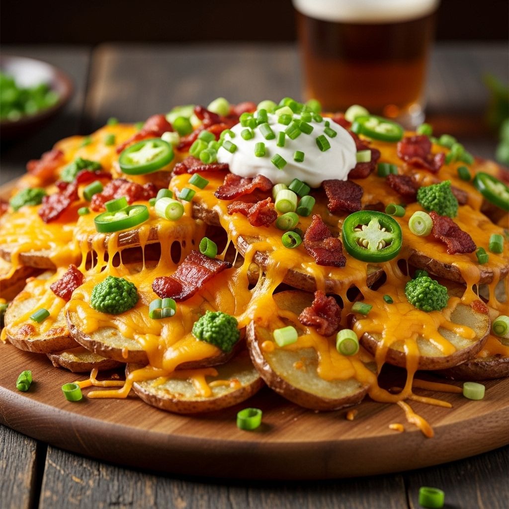Savor layers of golden rounds topped with gooey cheese, bacon, and zesty pickled onions.