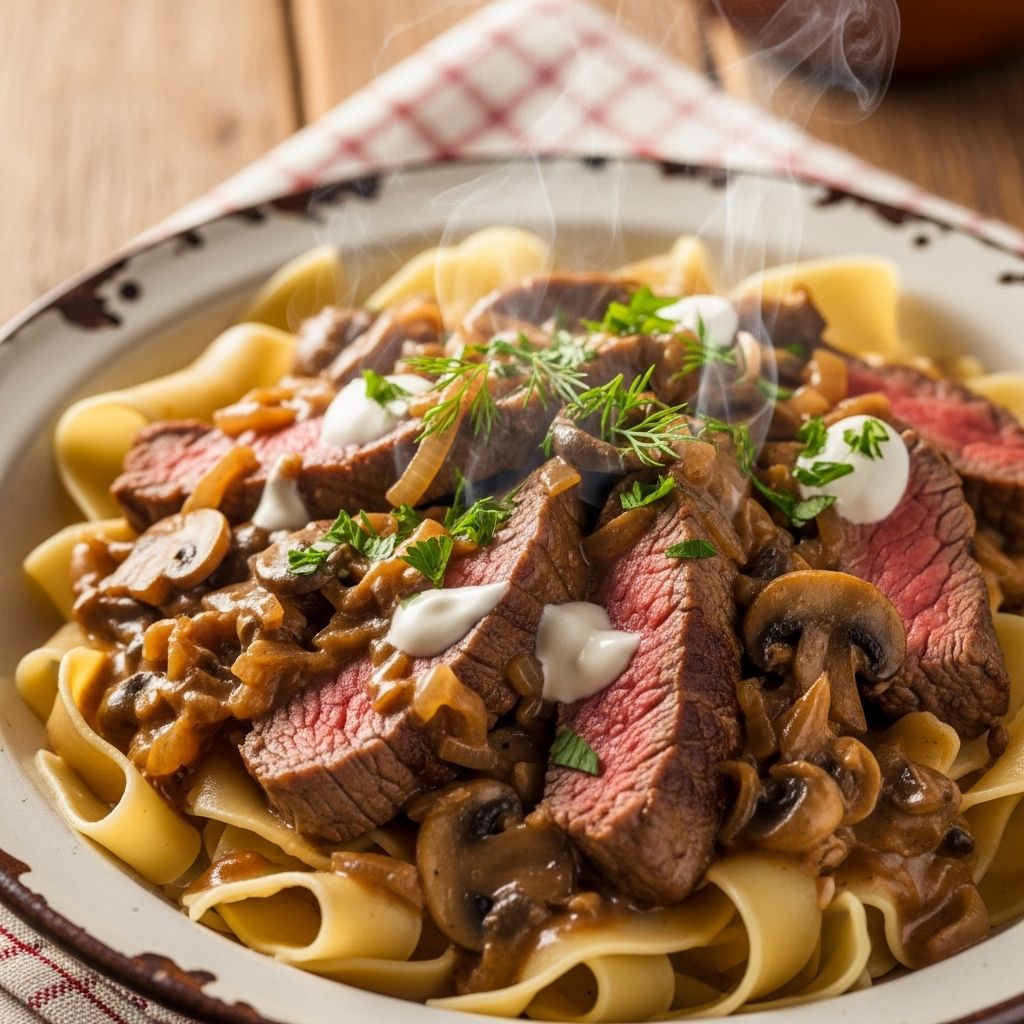 A velvety sauce and seared sirloin unite for an indulgent, easy-to-make comfort meal.