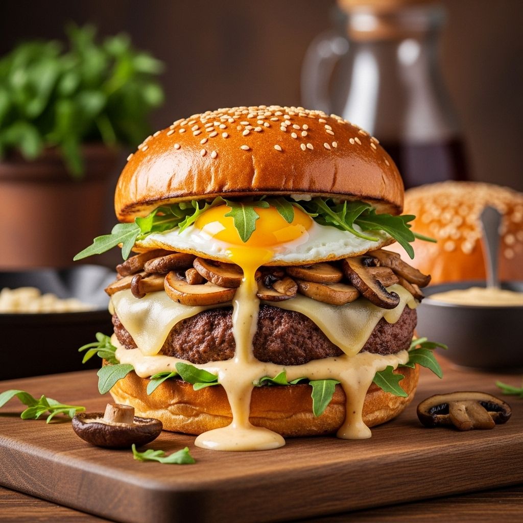 Silky cheese sauce meets sautéed fungi and a juicy patty for an elevated comfort meal.