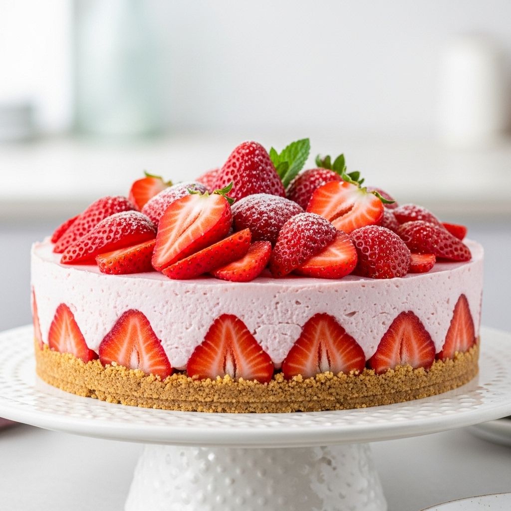 A creamy strawberry layer pairs with a crisp graham crust for effortless dessert bliss.