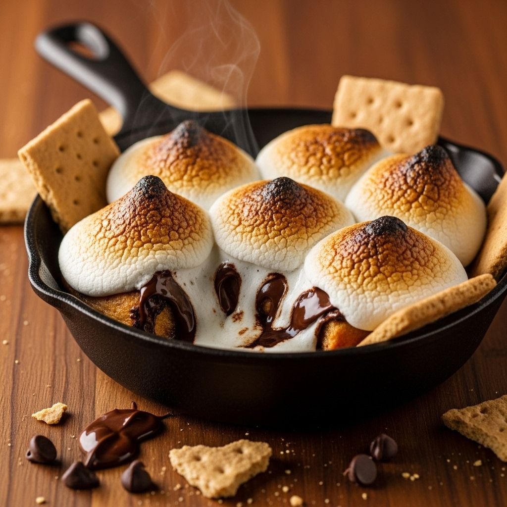 A gooey oven-baked dessert layering marshmallows and chocolate for a nostalgic finish.
