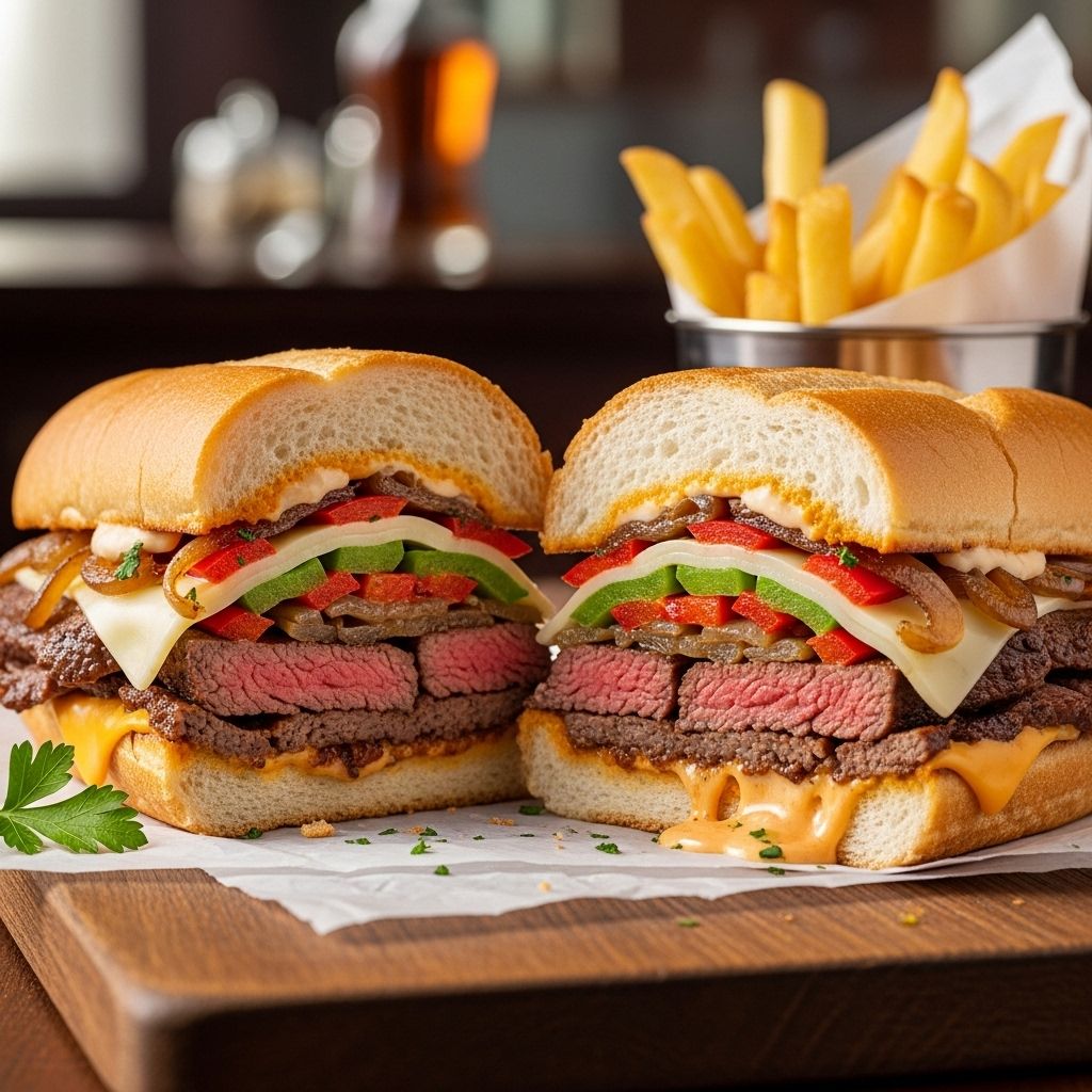 Thin beef slices, grilled peppers, and gooey cheese unite in a melty, flavor-packed bite.