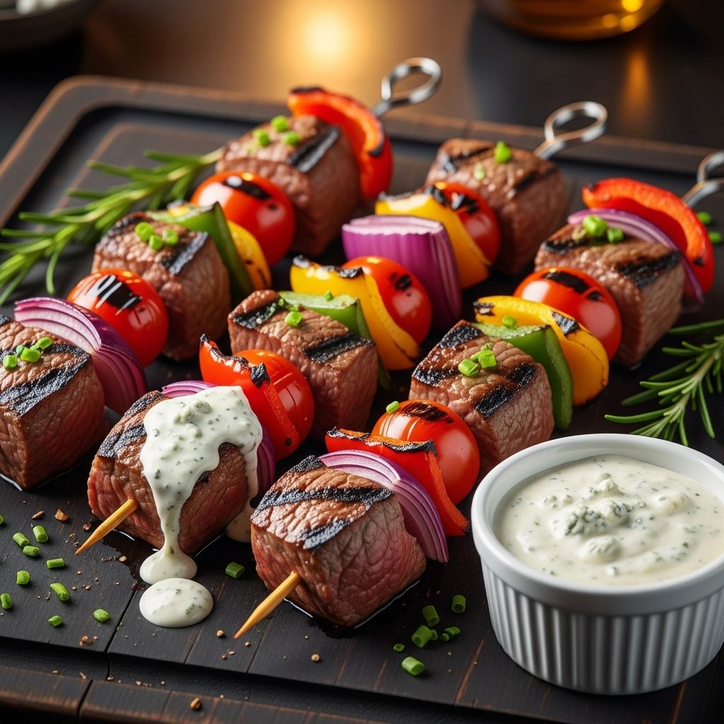 Juicy steak, charred vegetables, and creamy sauce combine for unforgettable skewers at home.