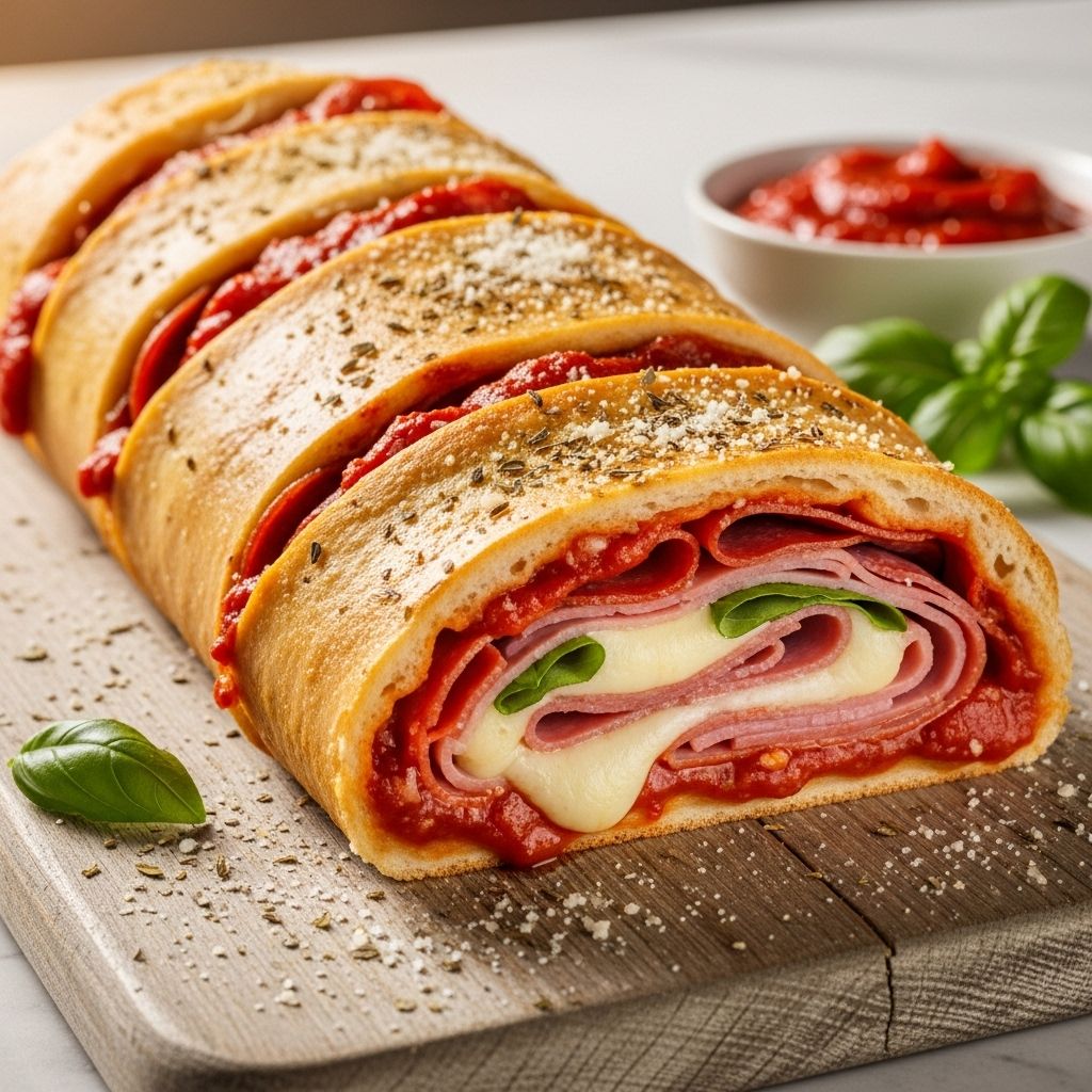 Experience a golden spiral of gooey cheese and savory cured meats perfect for sharing.