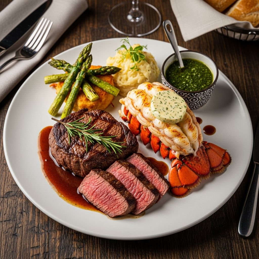 Impress guests with seared filet mignon and succulent shrimp in a creamy garlic sauce.