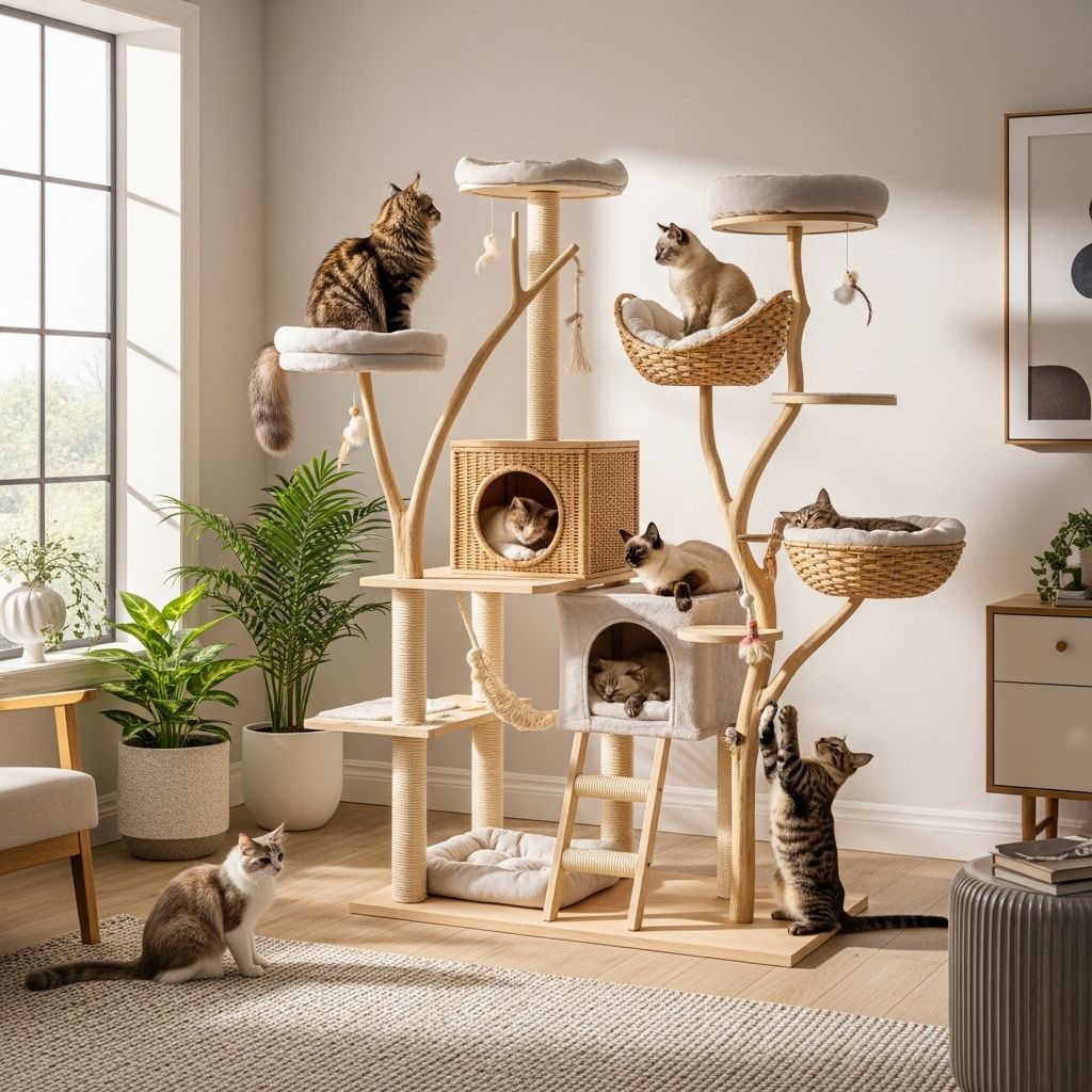 Stylish perches and scratching posts that support healthy play and cozy feline retreats.