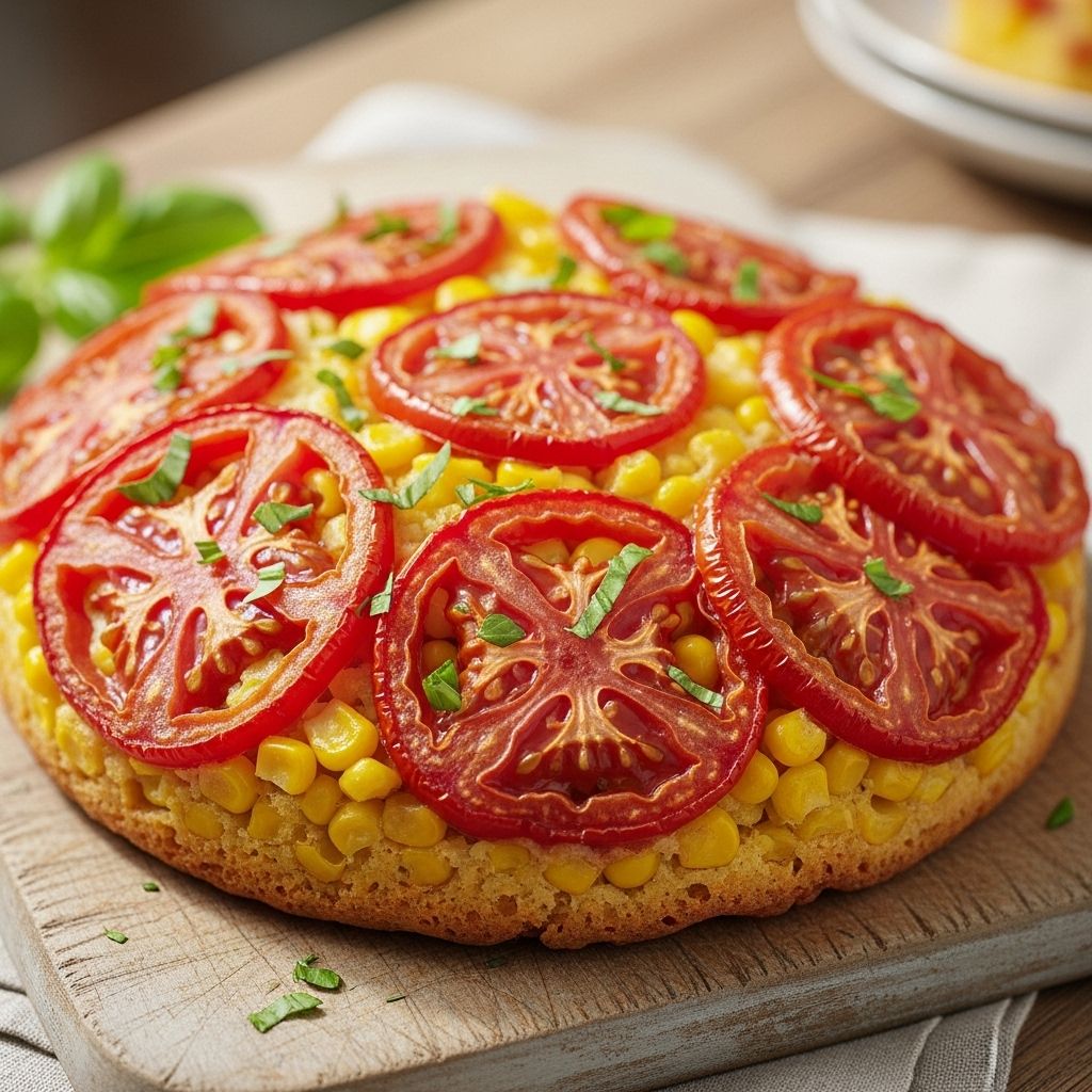 Slices of heirloom tomatoes transform classic cornbread into a vibrant savory delight.