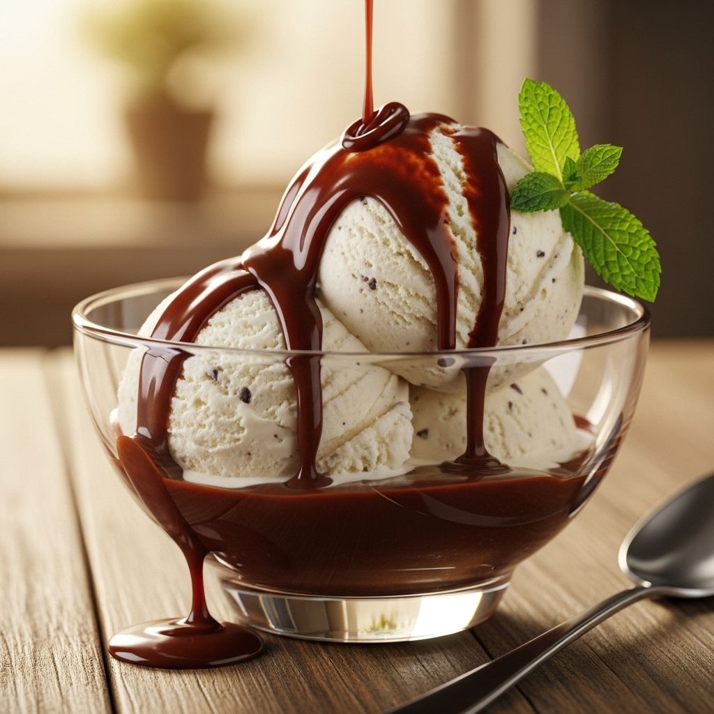 Silky chocolate ribbons melt over velvety scoops for a nostalgic indulgence.