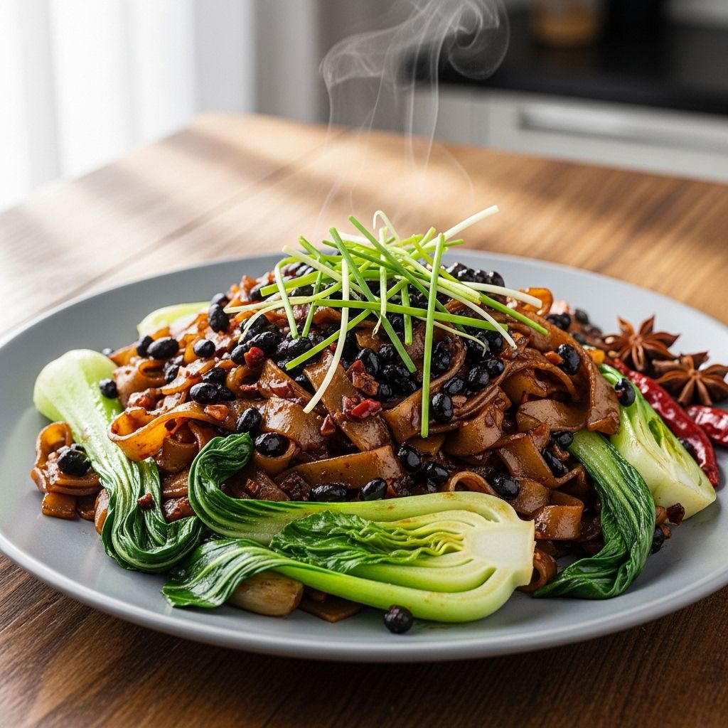 A sizzling skillet of wide rice noodles tossed with leafy greens and savory umami notes.