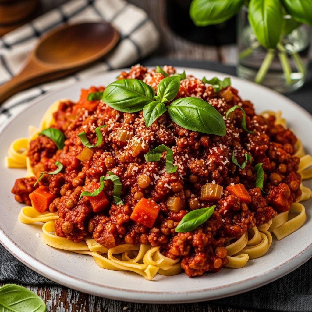 Experience the richness of classic Italian flavor in this hearty, plant-based bolognese—ready in under an hour and perfect for all diets.
