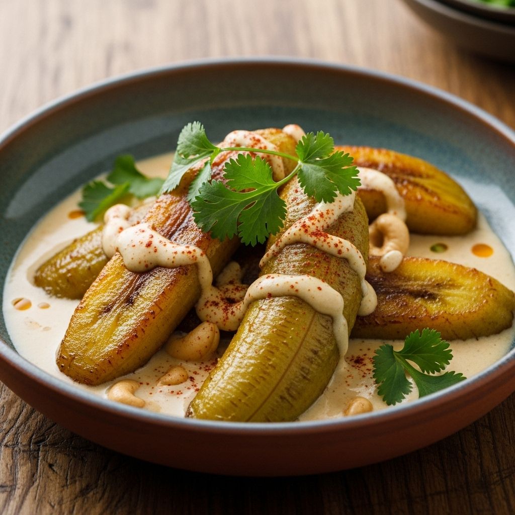 Vegan Cashew Milk–Braised Green Plantains: Creamy Comfort, Caribbean Flavor A plant-based take on tropical fare that delivers creamy depth and nourishing richness.