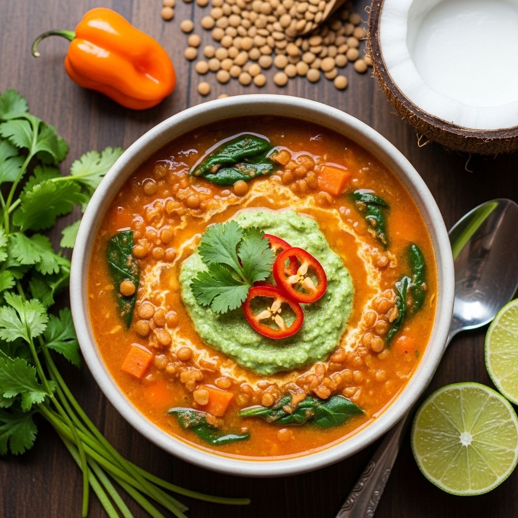 A creamy broth infused with warm spices and a zesty herb-lime garnish delivers plant protein.
