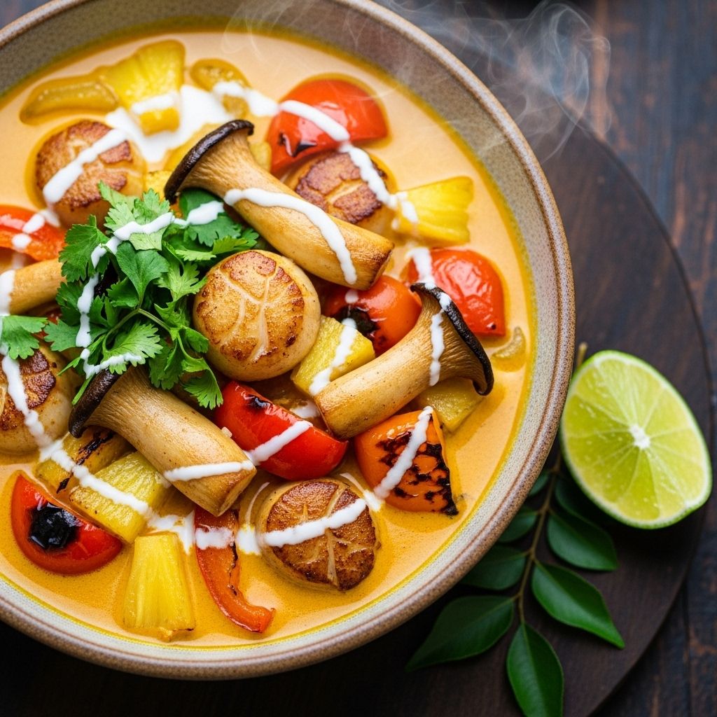 Vegan Scallop Curry With Fire-Roasted Peppers and Pineapple A vibrant plant-based curry featuring vegan scallops, smoky peppers, and sweet pineapple in a creamy coconut broth.