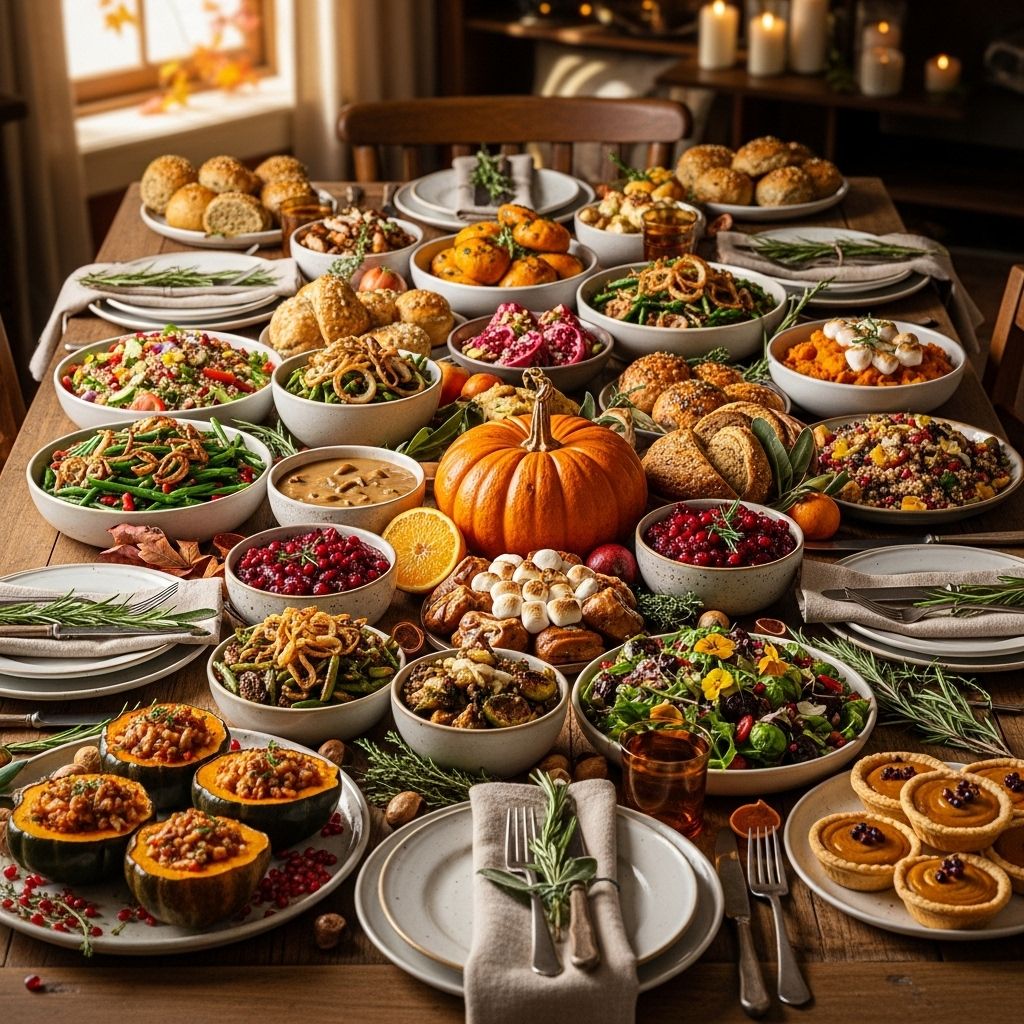Hearty plant-based mains and vibrant sides pair with sweet treats for a festive feast.