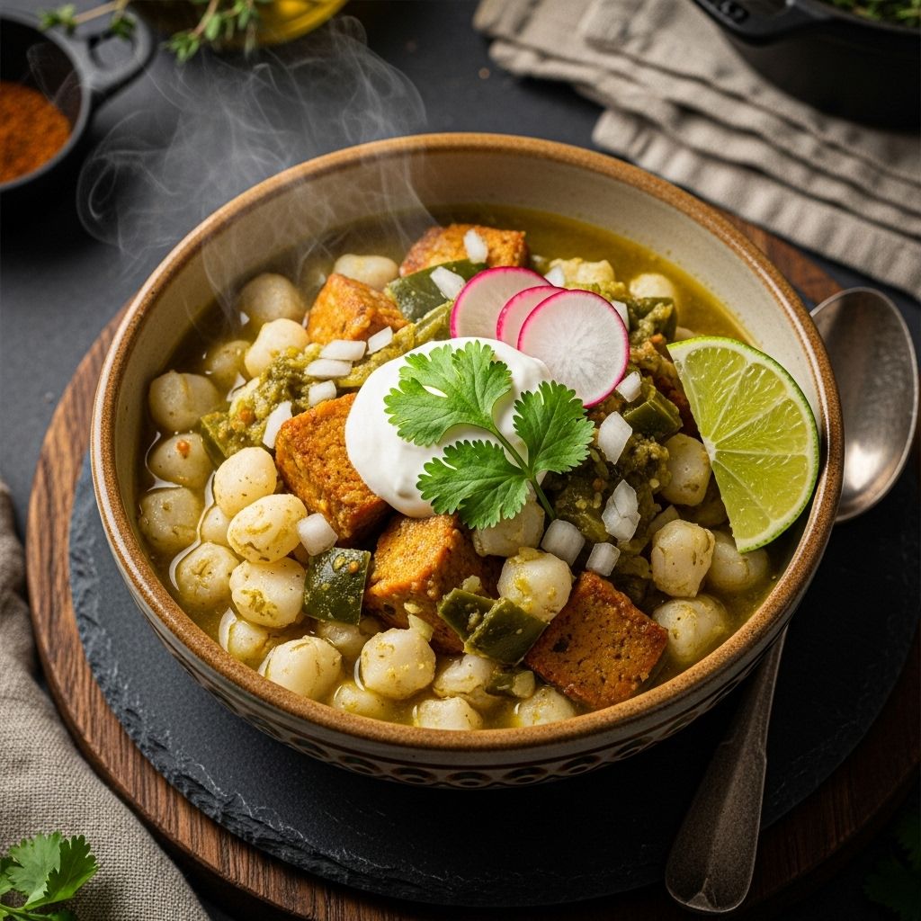 Savor the vibrant flavors of a classic Mexican stew with this plant-based posole verde—perfect for vegetarians and anyone seeking a hearty, nutritious meal.