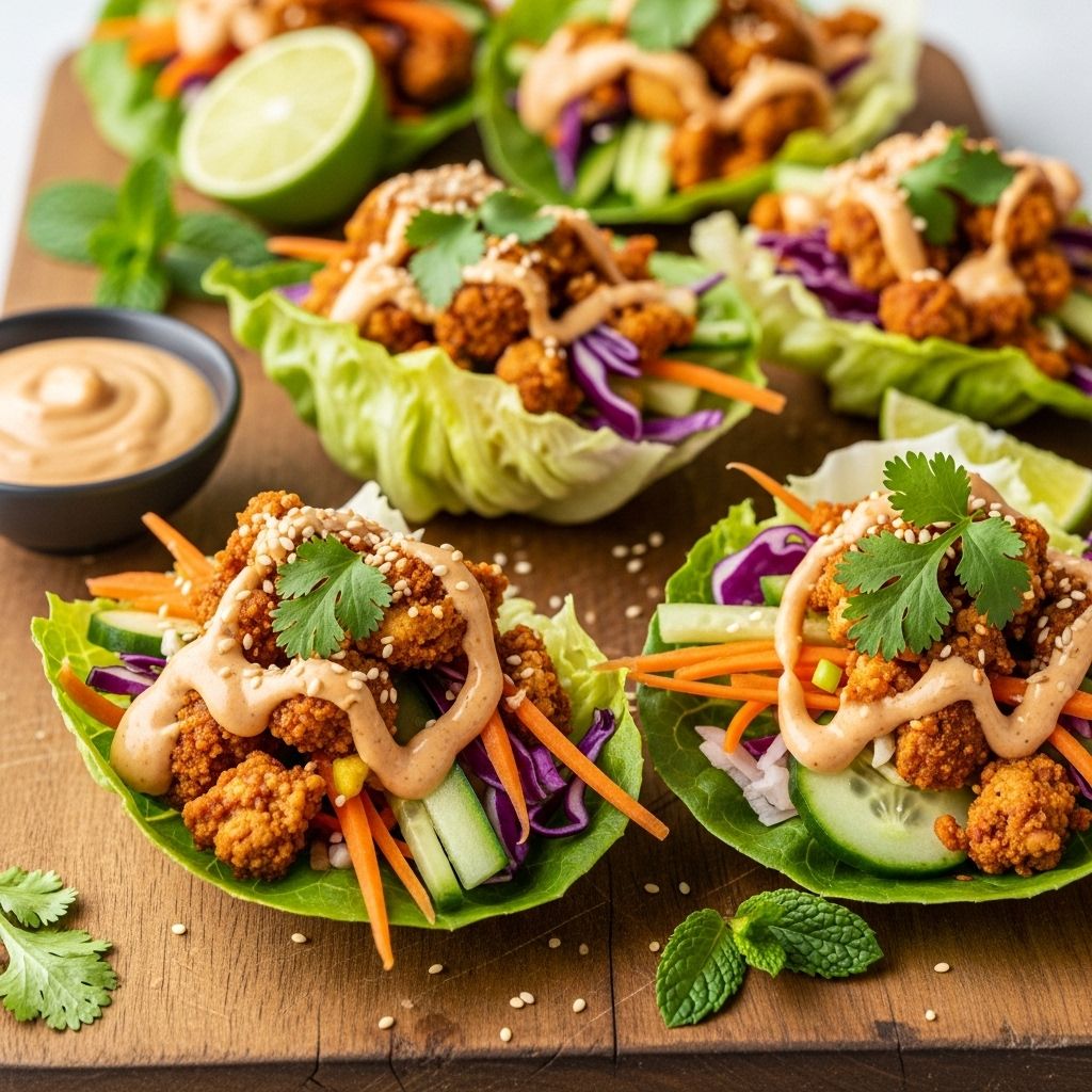 Crisp greens cradle bold tofu, avocado, and fresh veggies for a flavorful appetizer.
