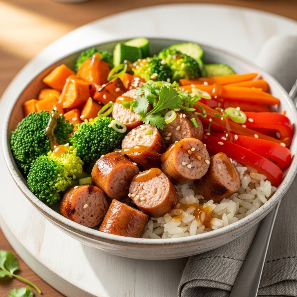 Discover how colorful veggies, savory sausage, and perfectly sticky rice come together for a satisfying, under-500-calorie bowl.
