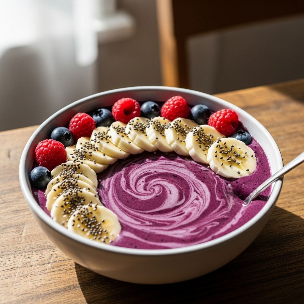 Fuel your morning with a creamy blend of frozen fruit topped for extra texture.
