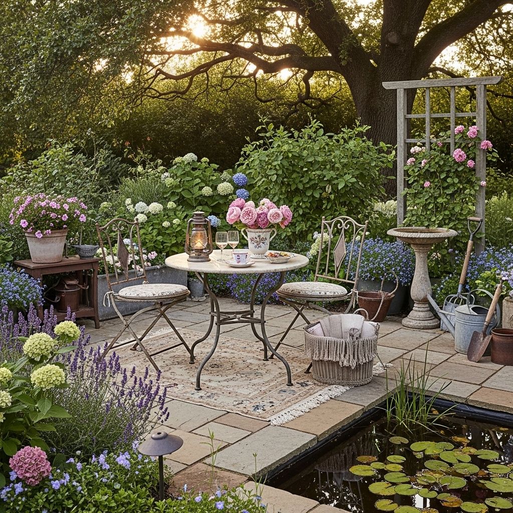 Upcycled treasures, greenery, and textures combine into a nostalgic backyard space.