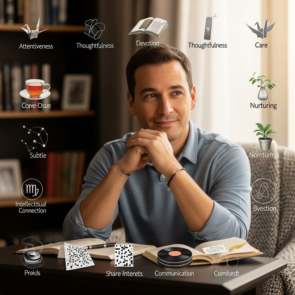 Thoughtful gifts and steady presence become his most powerful ways to show affection.