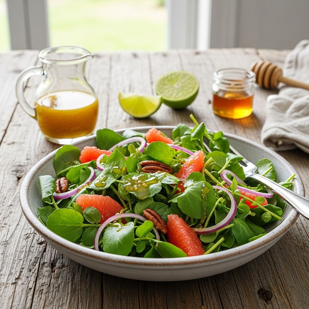 Discover the perfect blend of peppery greens and sweet citrus in this vibrant watercress salad, featuring a zesty honey-lime vinaigrette and fresh, nutrient-packed ingredients.