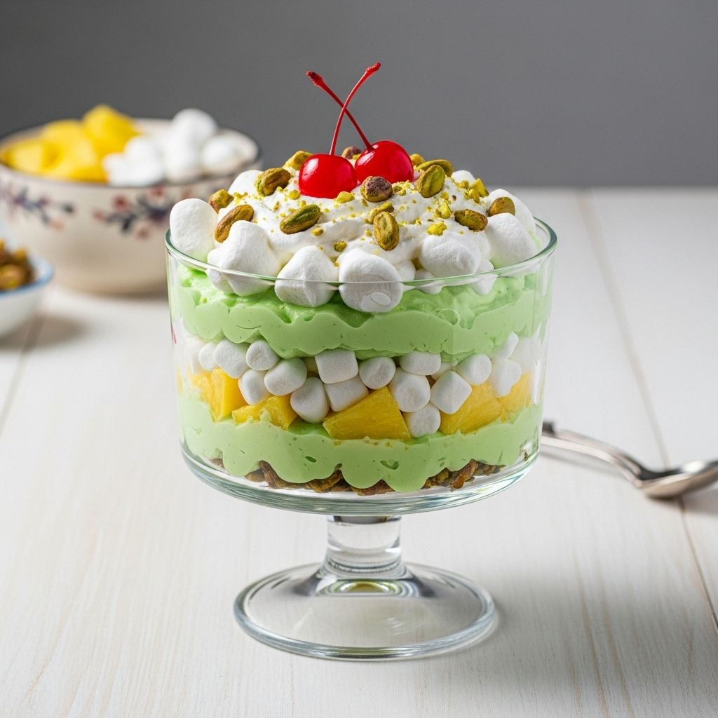 Sweet pineapple, marshmallows, and nuts meld into a creamy pastel-green salad delight.