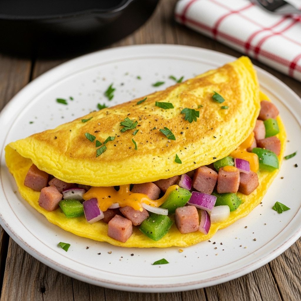 Sautéed peppers, onions, and ham blend with melty cheese for a hearty start each morning.