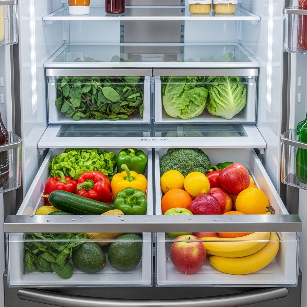 Smart sorting and moisture control keep fruits and veggies crisp and flavorful.