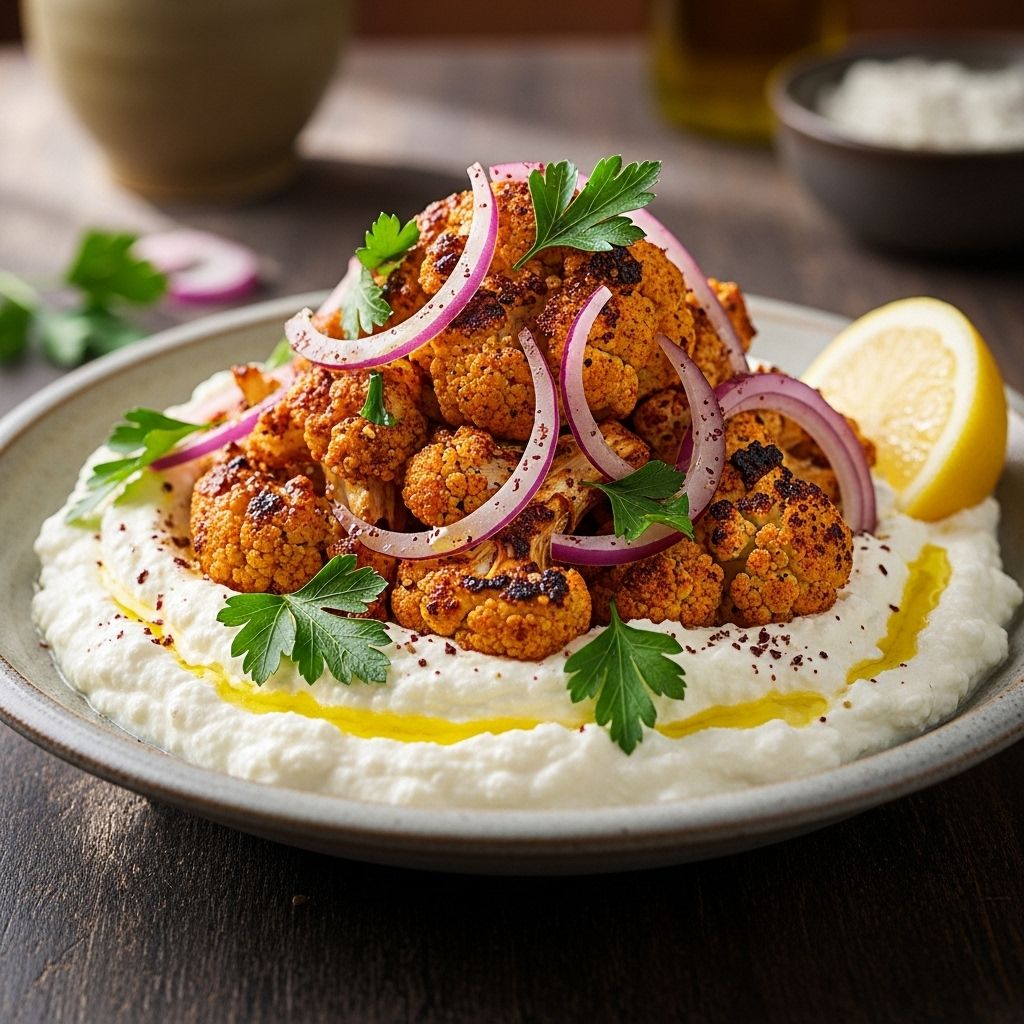 A savory and nutrient-rich take on shawarma, featuring whipped cottage cheese and spiced roasted cauliflower, perfect for healthy meals or entertaining.