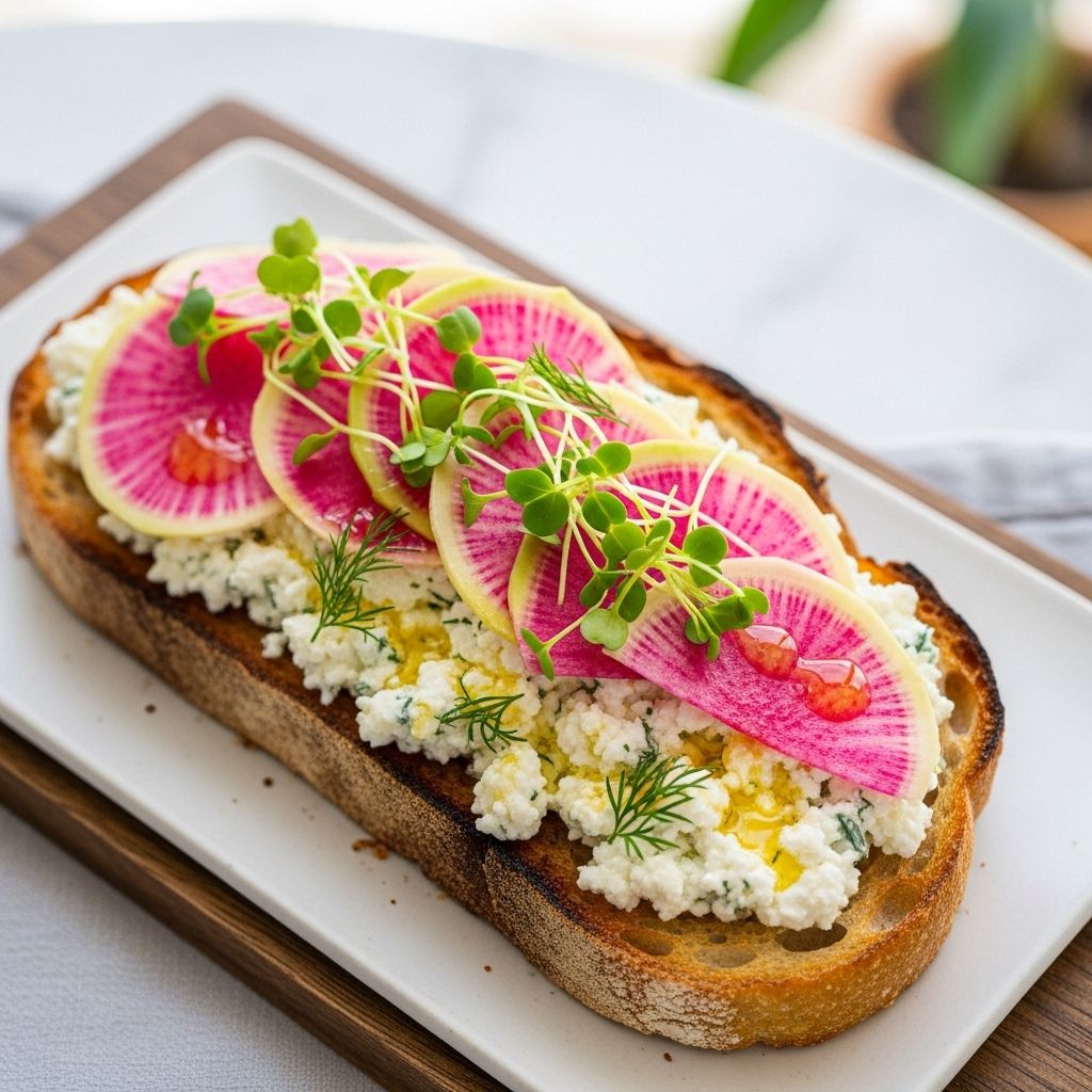 Elevate your brunch with this colorful, nutritious whipped feta and watermelon radish toast—a feast for the senses and the palate.