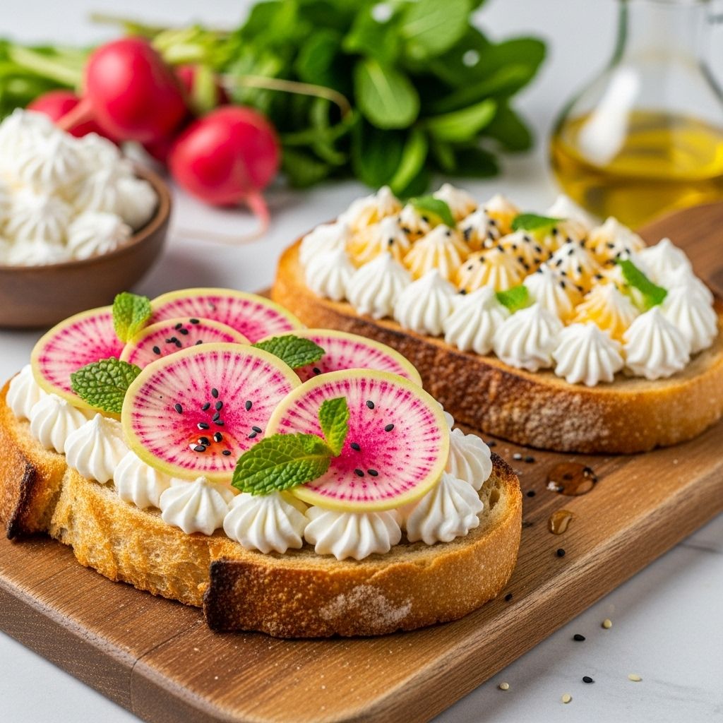 Transform everyday toast into a colorful, tangy delight with whipped feta and eye-catching watermelon radishes.