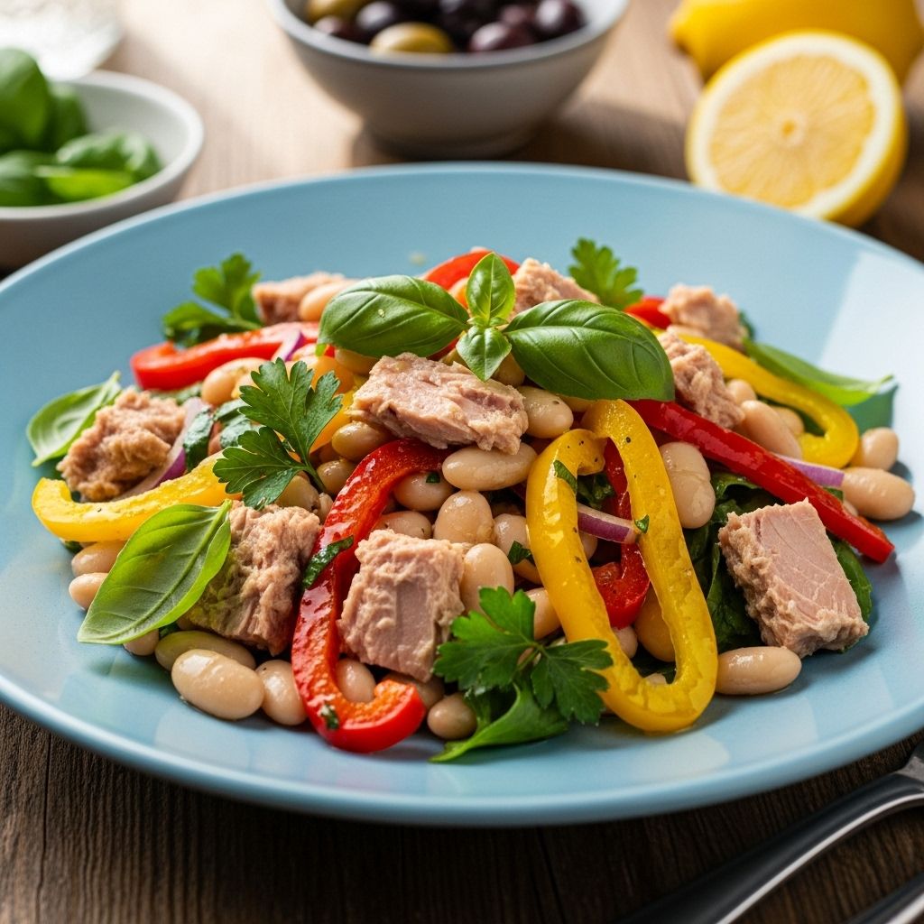 A hearty, protein-rich Mediterranean salad with tuna, white beans, and roasted peppers—simple, filling, and full of vibrant flavors.