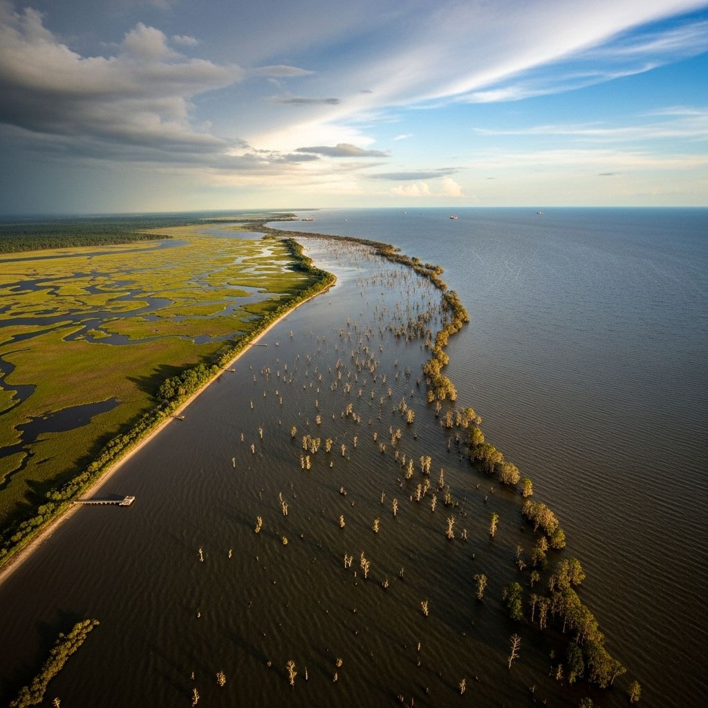 Louisiana’s coast has vanished at an unprecedented rate, with 1,900 square miles lost since 1930 due to human activity, climate change, and land subsidence.