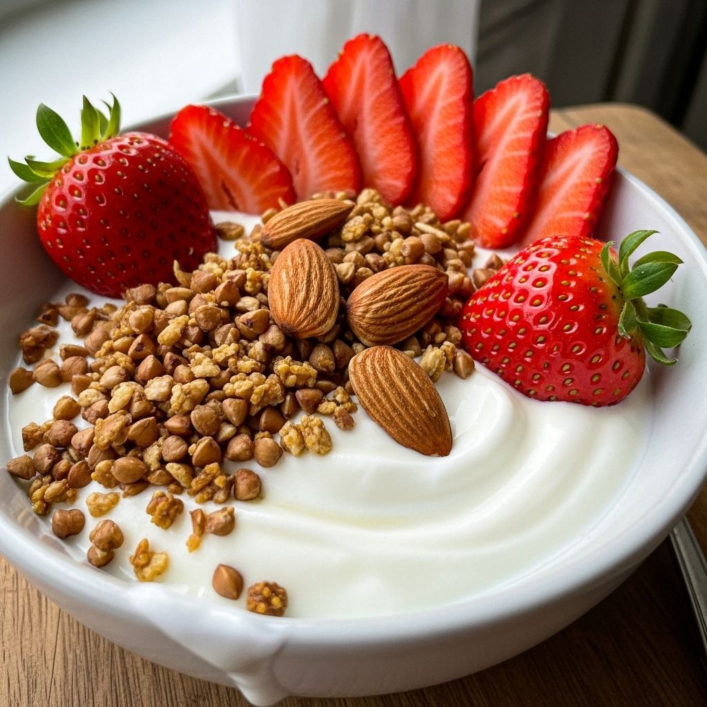 Elevate your breakfast or snack with this protein-rich yogurt bowl featuring nutty buckwheat groats, juicy strawberries, and crunchy almonds.