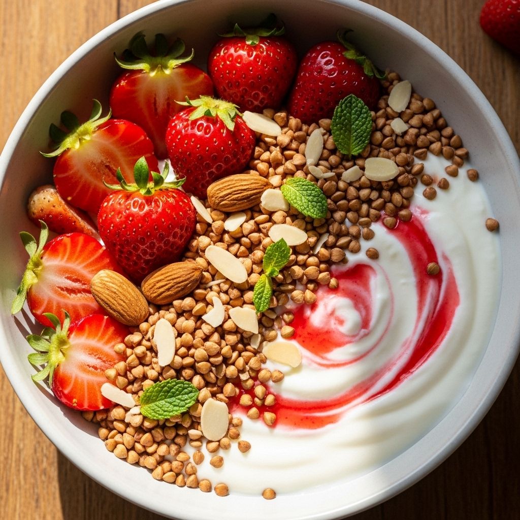 Discover a vibrant, antioxidant-rich breakfast: creamy Greek yogurt topped with strawberries and crunchy almond-buckwheat granola.