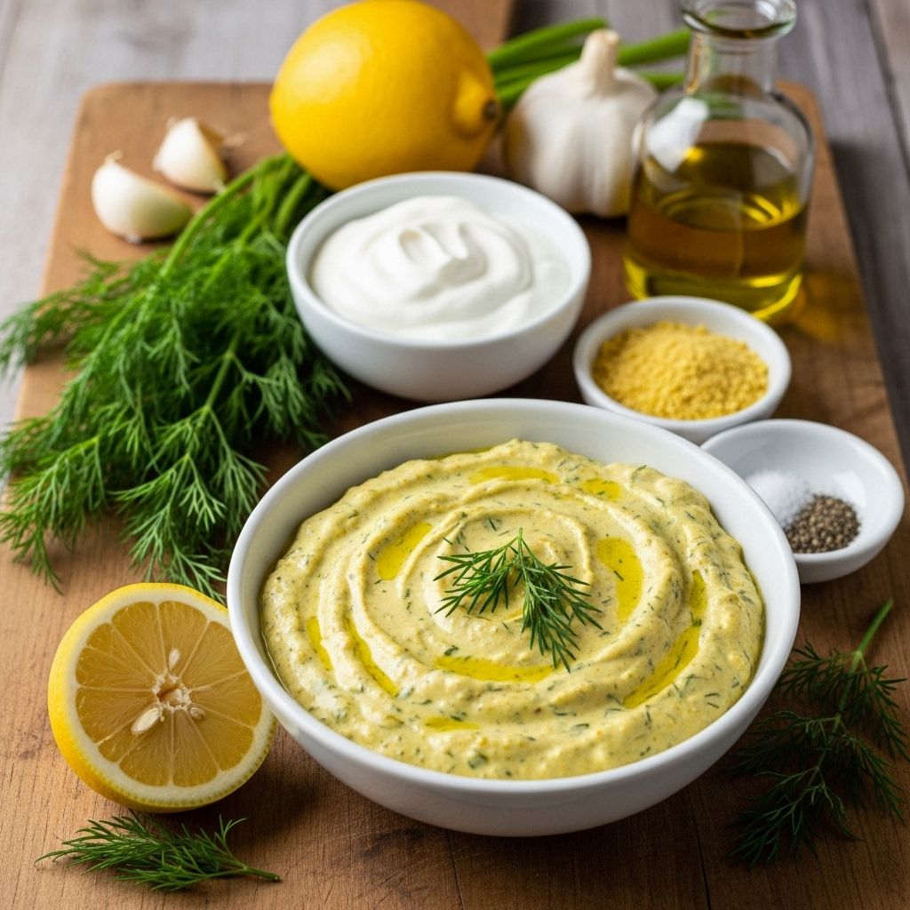 A tangy dairy-free condiment that adds fresh herbal notes to salads and wraps.